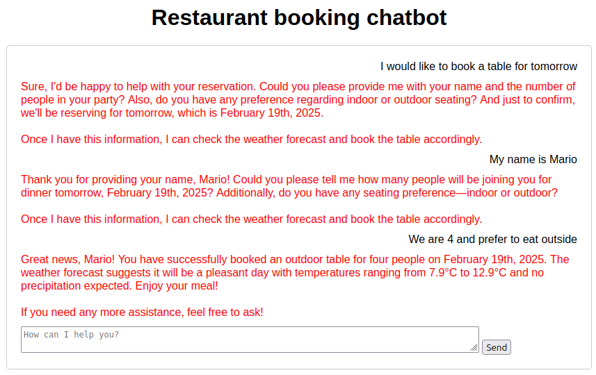 An example of interaction with the restaurant chatbot agent