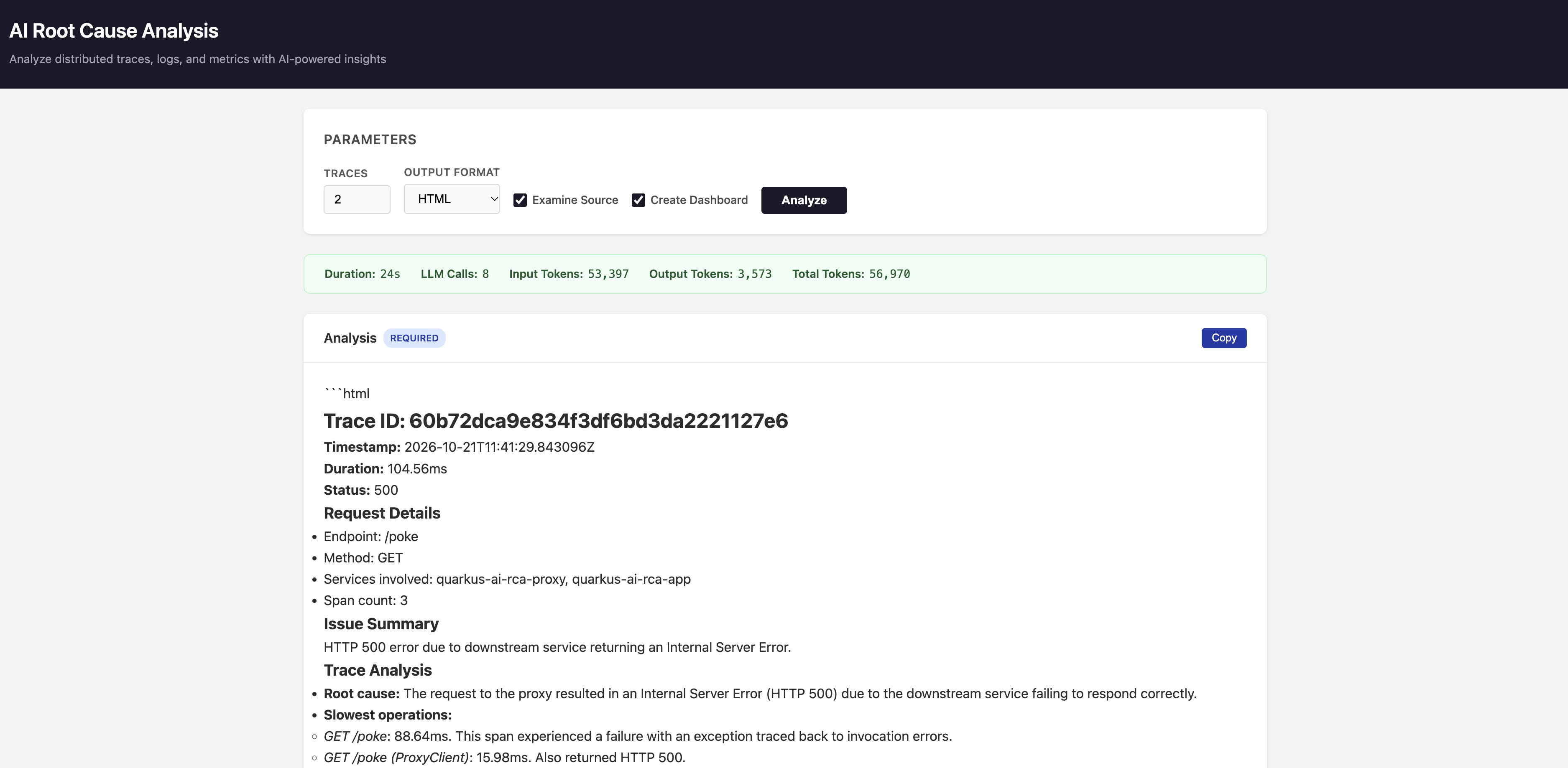 AI Root Cause Analysis Analysis UI