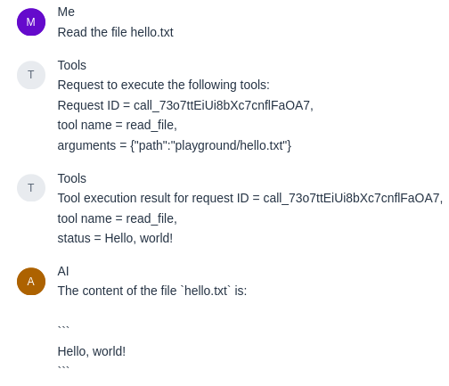 Dev UI chat page after asking about a file