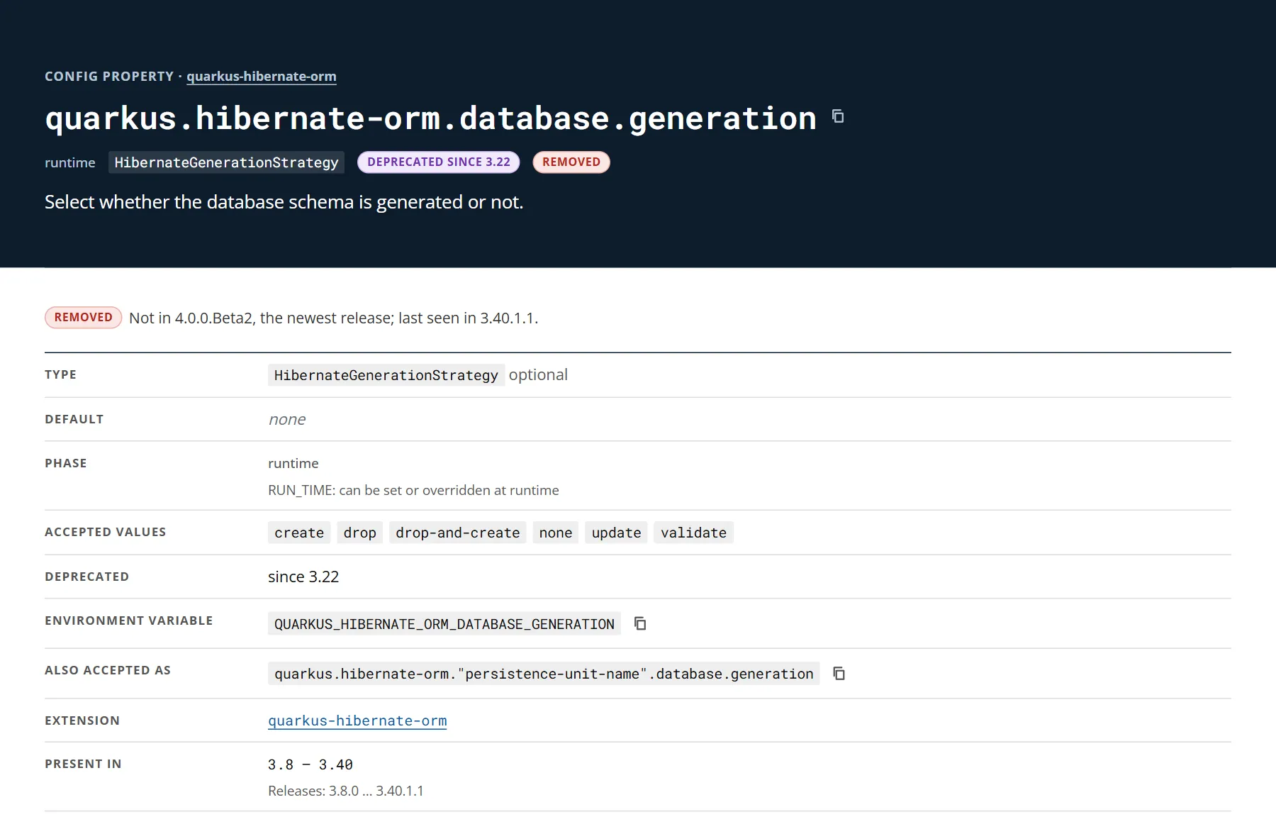 The page of the quarkus.hibernate-orm.database.generation config property