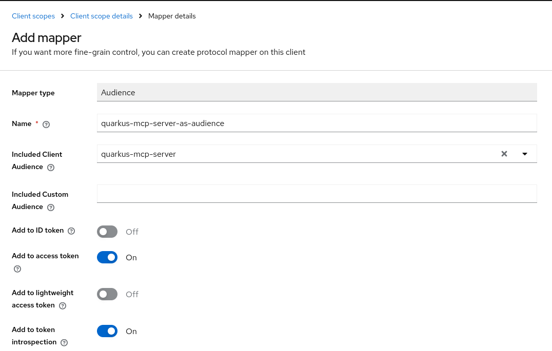 Quarkus MCP Server Scope Audience Details