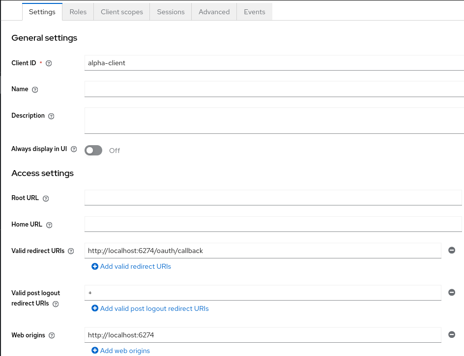 Keycloak Alpha Client settings