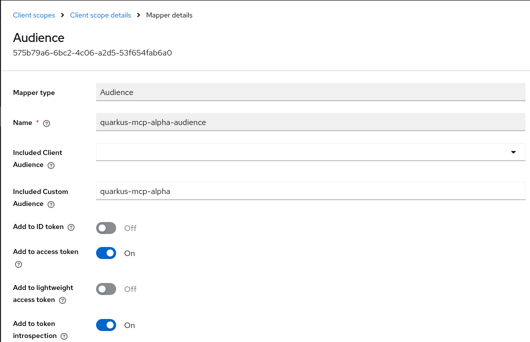 Keycloak Client quarkus-mcp-alpha scope mapping