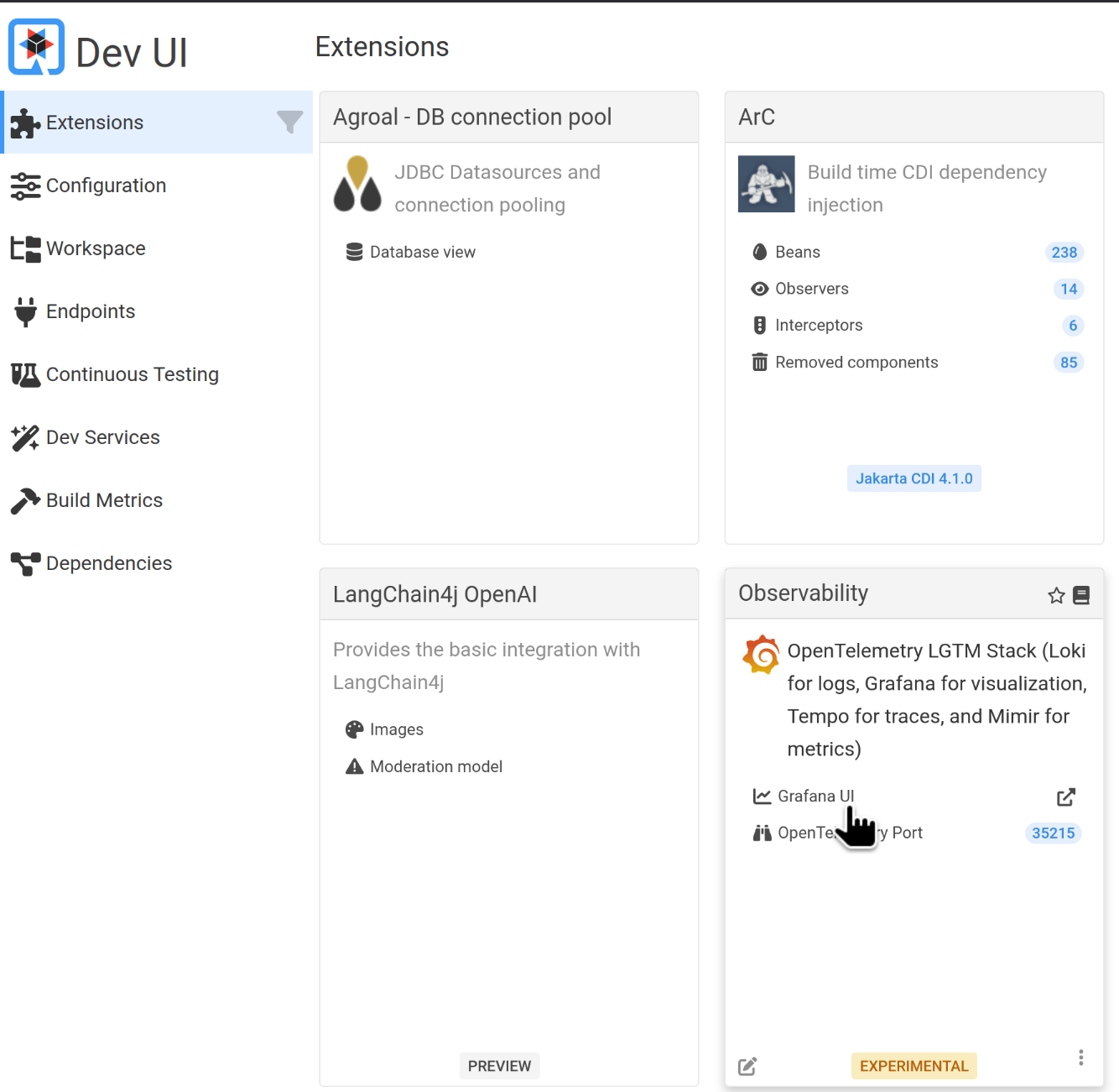 Quarkus Dev UI