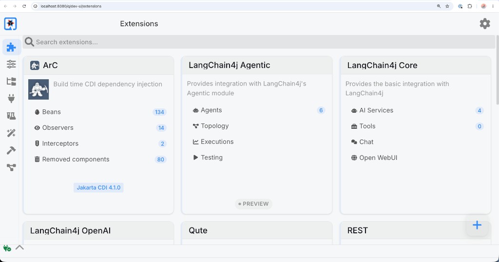 Dev UI Extensions page with the LangChain4j Agentic card showing Agents, Topology, Executions, and Testing
