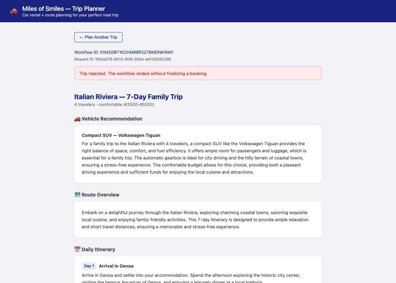 A different workflow with its rejection recorded and the reviewed plan still visible