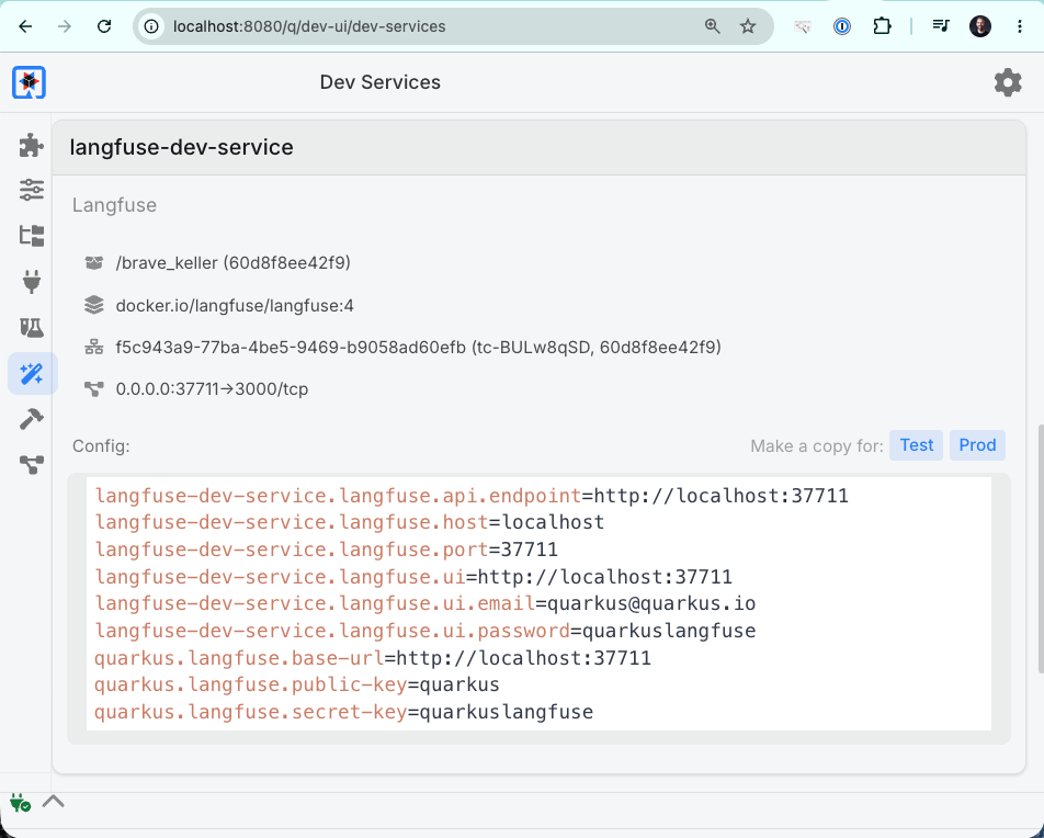 The Dev UI Dev Services page showing the Langfuse container with its injected configuration: API endpoint, host, port, UI URL, login credentials, and API keys