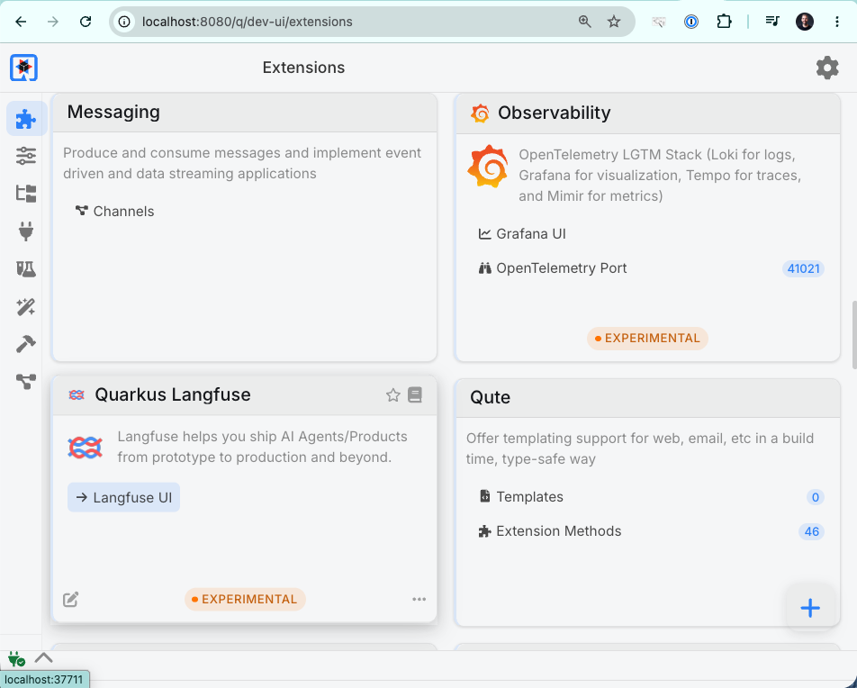 The Dev UI Extensions page with Quarkus Langfuse and Observability cards