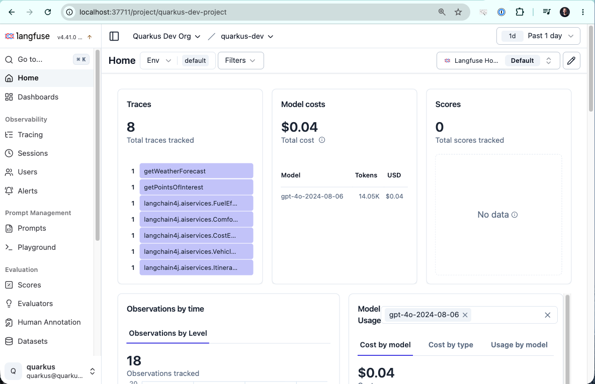 The Langfuse project dashboard showing 8 traces, model costs, and per-agent trace names including getWeatherForecast, getPointsOfInterest, and the AI service agents