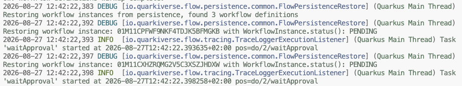 Example startup log restoring pending workflow instances at waitApproval