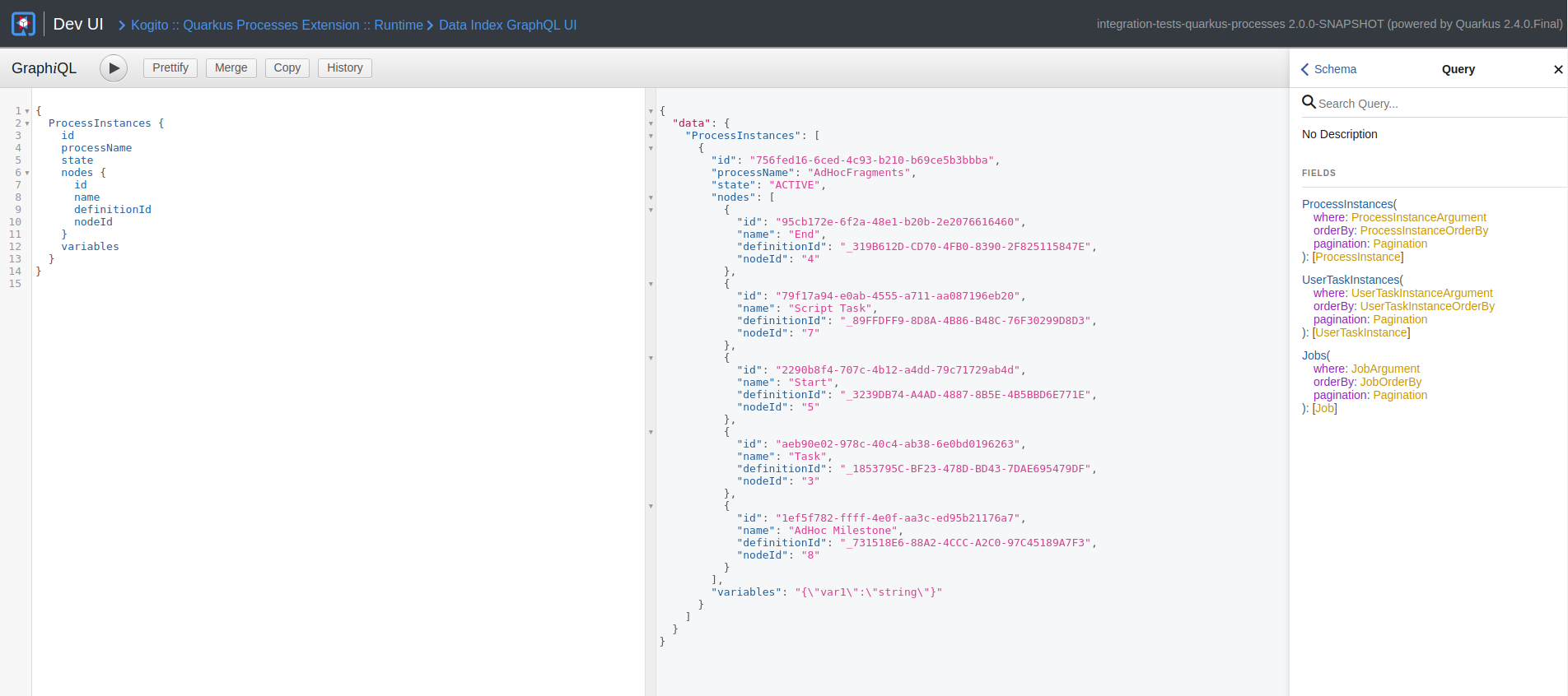 Dev UI Kogito Data Index GraphQL