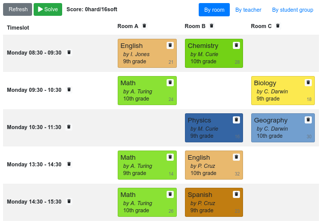 optaplanner time table app screenshot