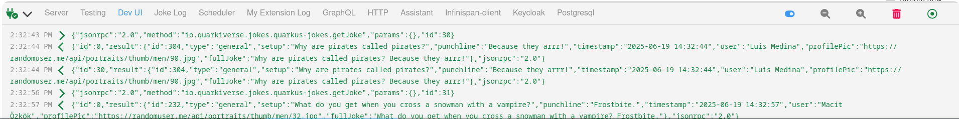Dev UI Json RPC Log